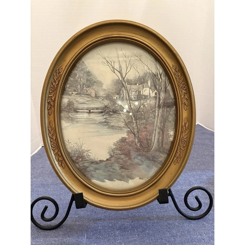 Two Vintage HomCo Gold Tone Oval Framed Prints by Artist F. Massa